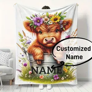 Text Customization Cute Highland Cow Pattern Thickened Printed Blanket - Customize Name, Create Your Own Unique Blanket, Multi-functional Suitable for Autumn and Winter, Wearable Blanket, Exclusive Gift for Family and Friends