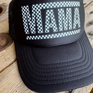 Checkered Mama Trucker Hat, Racing Pattern Mom Cap Accessory, Otto Soft Foam Front, Cute Mother’s Day Gift