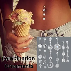10Pcs Inlaid Stainless Steel Belly Piercing Jewelry, Star Moon Flower Theme Belly Button Rings Set, Zircon Inlaid Dangling & Straight Bar Styles, Suitable for Daily Casual Wear and Gatherings