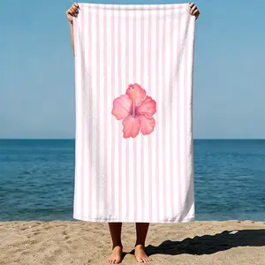 Tropical Pink Floral Striped Beach Towel | Oversized Quick-Dry Lightweight Sunbathing & Swimming Towel