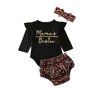 3Pcs Newborn Baby Girl Long Sleeve Mama's Bestie Romper Jumpsuit + Leopard Shorts + Headband Bodysuit Outfit 0-18M