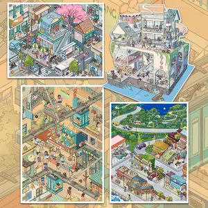 Colorful Cityscapes & Urban Landmarks Stickers, Japanese Style Town Scene Decorations, Ideal for Creative Projects & Gift Giving