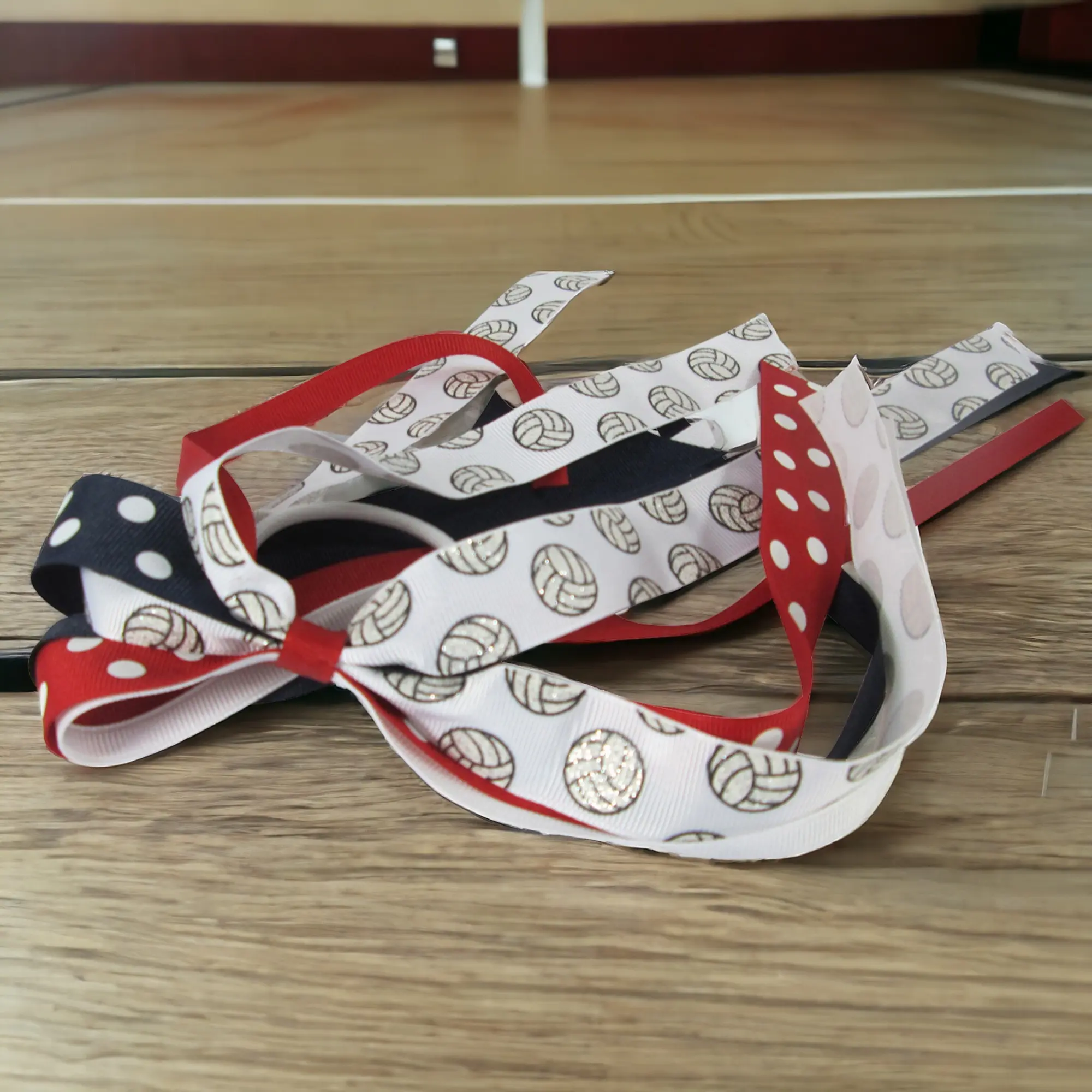 Red & Navy Blue Volleyball Glitter Hair Tie with Ponytail Bow for Girls