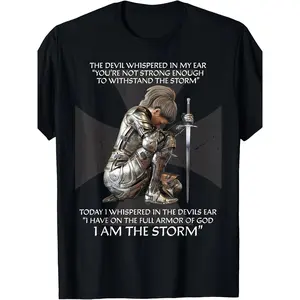 Women'S Inspirational Verse T-Shirt- I AM THE STORM Quote With Knight Illustration, Soft, Short Sleeve, Round Neck- Casual& Faithful Gift, Machine Washable 180G, Classic Retro Style, Round Neck Short Sleeves, Machine Washable