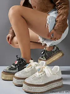 New Trendy Sparkling Party Style Full Rhinestone Thick Sole Casual Footwear, Board Shoes, Satin Ribbon Heel Lift Multicolor Women's Shoes