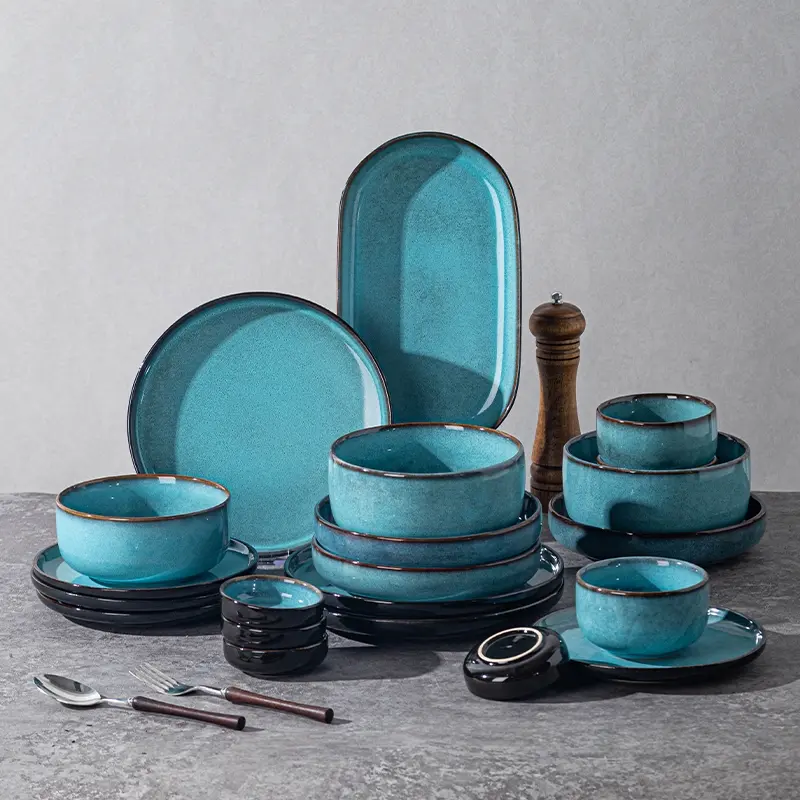 4/16/24 piece ceramic tableware set, kiln turned sea blue, suitable for serving dishes etc., suitable for home kitchens, Western restaurants, high-end hotels, Dinnerware Sets, Dinnerware service set, Plates Bowls Sets, Kitchen plates and bowls set
