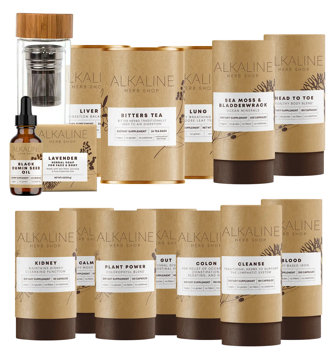 Full Body Reset Bundle - Sea Moss & Bladderwrack, Plant Power, Kidney, Liver Tea, Lung Tea, Bitters Tea, Gut, Colon, Lymph, Blood, Head to Toe, Sea Moss Soap, Calm, Black Seed Oil, Double Wall Tea Infuser 17oz