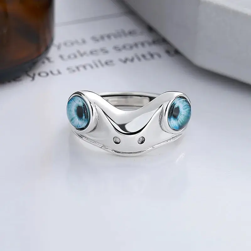 Cute Frog Blue Eye Silver Ring, Adjustable Size, Toad, Fun