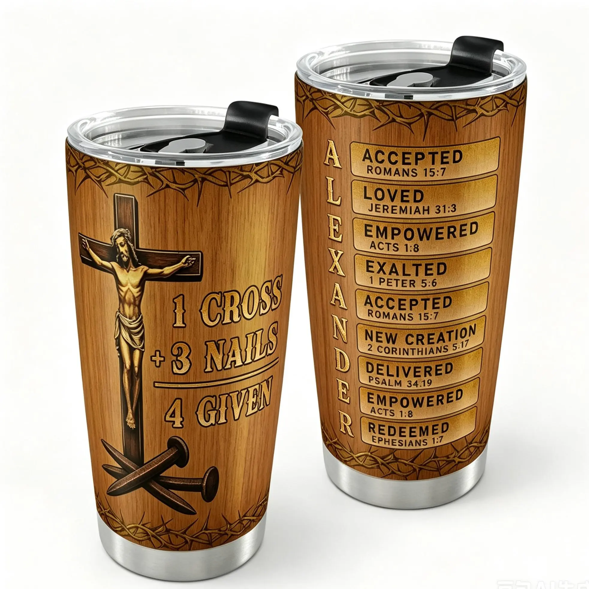 20oz Personalized Name Christian Tumbler, 1 Cross +3 Nails 4 Given Jesus Cross Faith Stainless Steel Travel Cup, Accepted Loved Empowered Bible Verse Custom Tumbler Religious Gift For Men