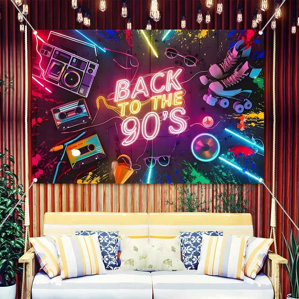 Back to the 90s Retro Neon Backdrop Banner, 90s Theme Party Decorations with Boombox Cassette Tape Roller Skate, Durable Polyester Fabric Photo Booth Prop, Reusable Easy to Clean, Perfect for 90s Throwback Party, Birthday, Home Decor, Gift