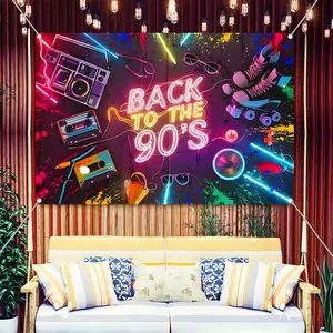 Back to the 90s Retro Neon Backdrop Banner, 90s Theme Party Decorations with Boombox Cassette Tape Roller Skate, Durable Polyester Fabric Photo Booth Prop, Reusable Easy to Clean, Perfect for 90s Throwback Party, Birthday, Home Decor, Gift