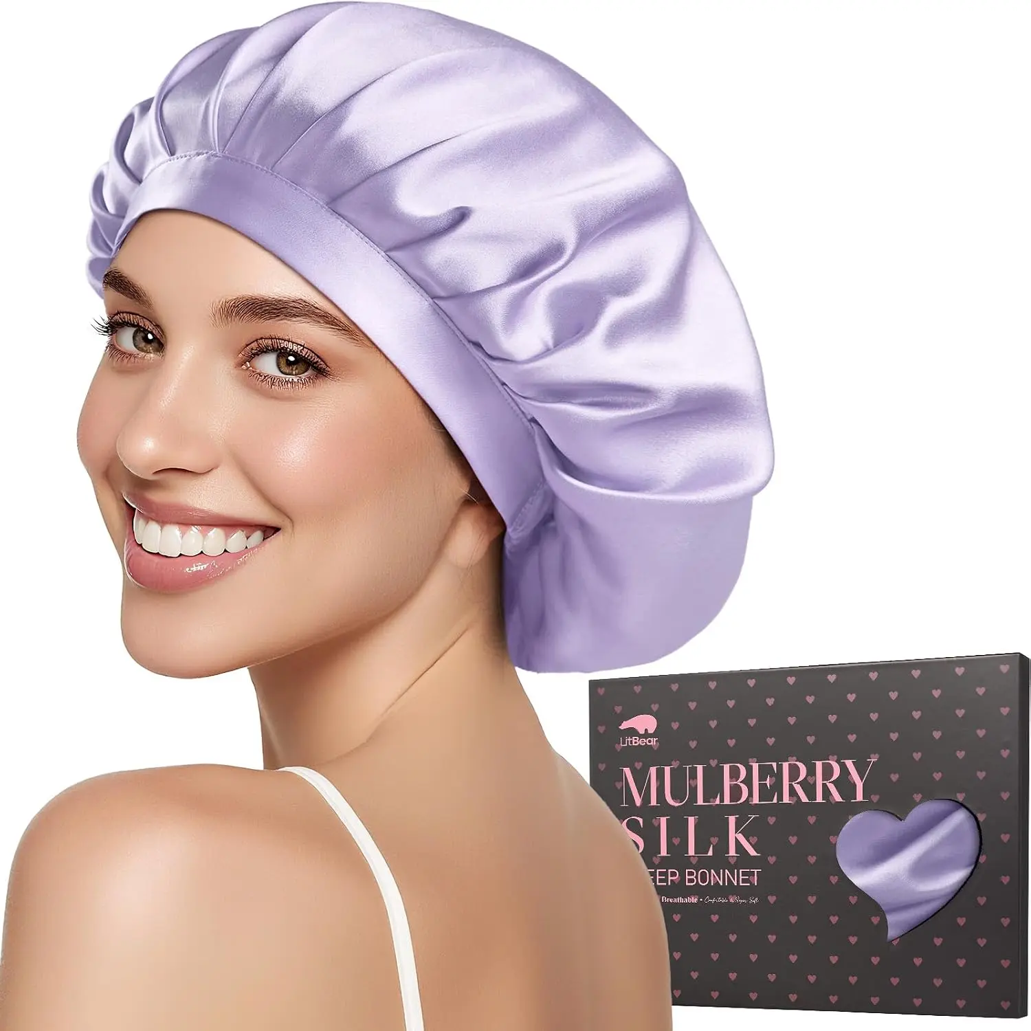 LitBear Women's 100% Mulberry Silk Sleeping Bonnet, Purple Hair Care Sleep Cap for Hair Protection