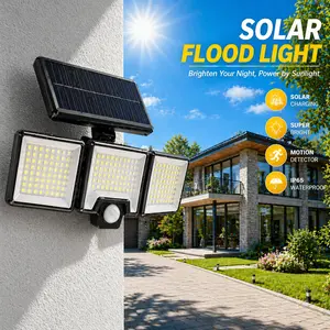 Solar Motion Sensor Outdoor Light, 3-Head 300 LED Security Floodlight with Remote Control, IP65 Waterproof Adjustable Wall Lamp, Solar Powered Exterior Light for Garden, Garage, Yard, Porch, Driveway