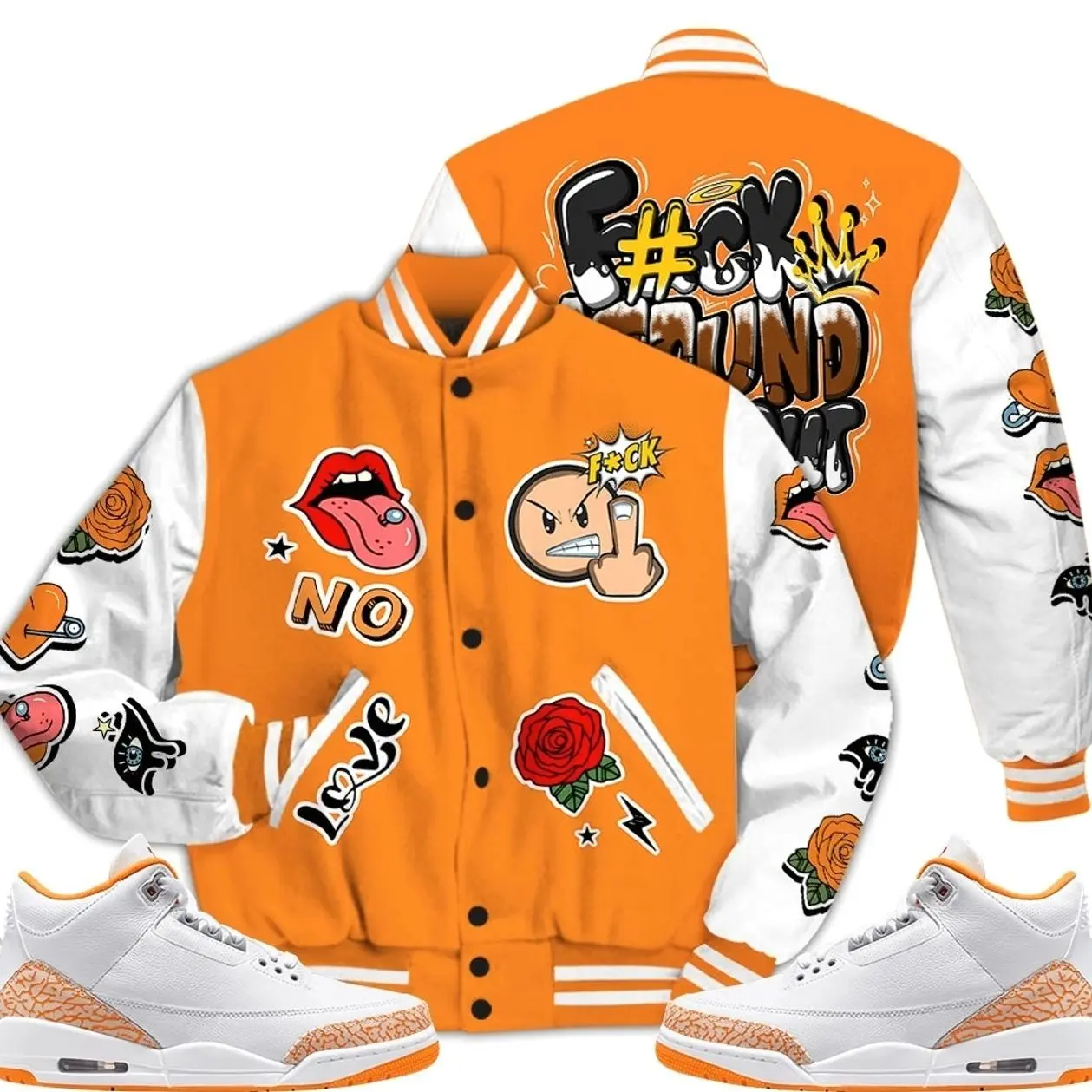 3 White Orange Peel Varsity Jacket, Orange Citrus 3s Outfit Around Find Out Shirt Shirts To Match Sneaker Streetwear