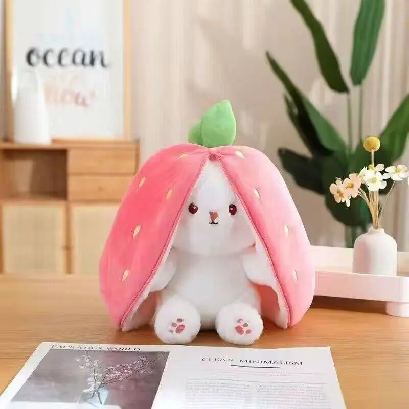 Cute Transforming Rabbit Plush Pillow, Carrot Strawberry Bunny Stuffed Toy, Christmas Birthday Gift, Soft and Cozy Plushie, Rabbit Stuffed Animal