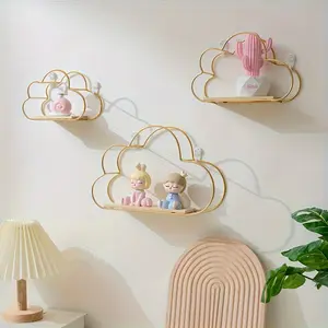 3 Pcs Wrought Iron Cloud-Shaped Wall Hanging Shelves for Living Room TV Wall, Bedroom Storage, Bathroom Organizational Display, and Home Decor Floating Shelving Golden