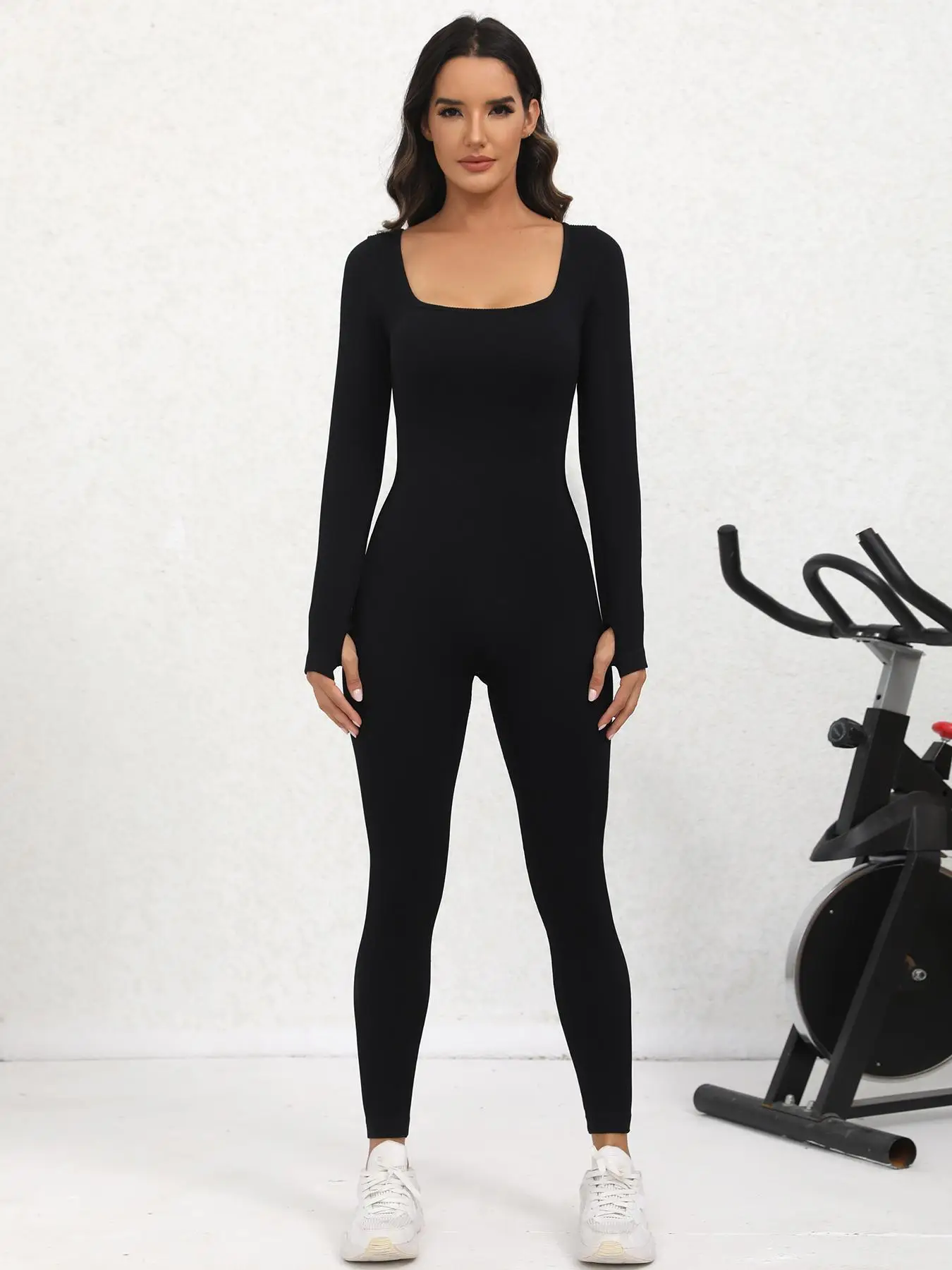 Women's Solid Thumb Holes Long Sleeve Sports Skinny Jumpsuit, Comfy Breathable Scoop Neck Tight Sleeve Sports Jumpsuit For Yoga Gym Workout, Ladies Sp