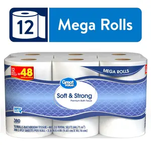 Great Value Soft & Strong Premium Toilet Paper - 12 Mega Rolls, Ultra-Soft and Durable for Everyday Comfort