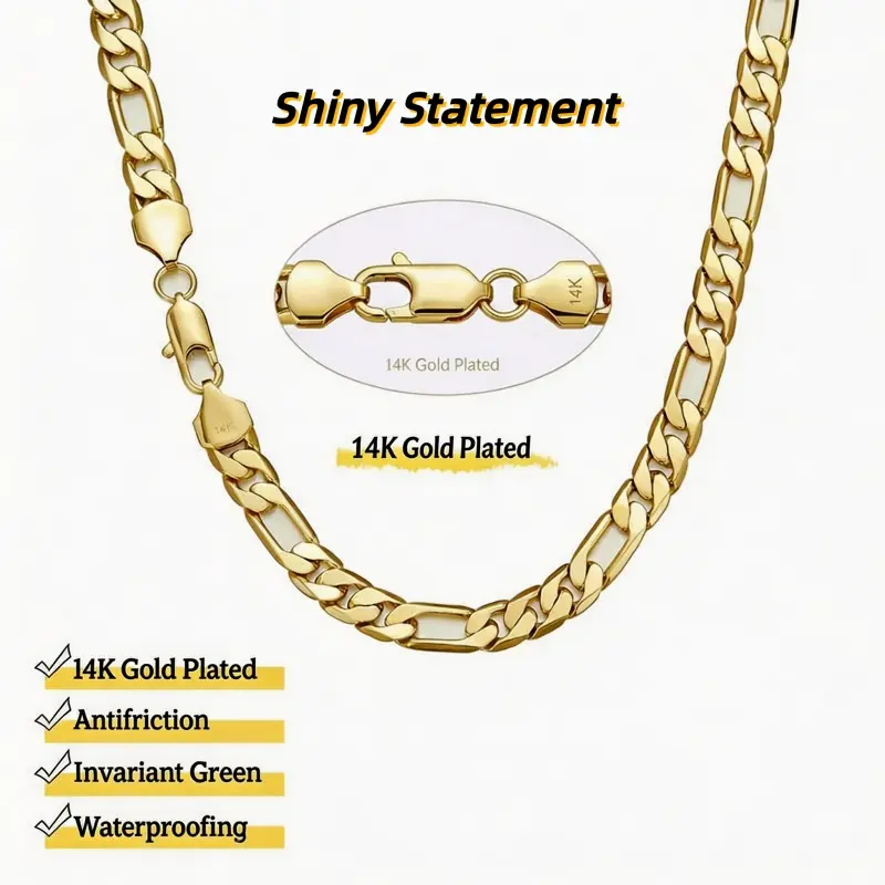 Fashion classic 14K Real Gold-Plated Figaro Chain Necklace for Men – 10mm Wide, 20/24" Italian-Style Cuban Link, Tarnish-Free Nanotech Coating, Hip Hop Streetwear, Minimalist Layering Jewelry, Gift for Himsummerwins