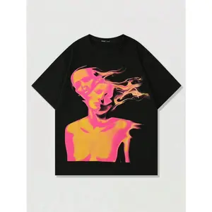 Neon Abstract Face Art Oversized T-Shirt Psychedelic Graphic Tee Casual Streetwear For Men Women