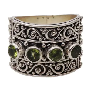 NOVICA Artisan Handmade Peridot Cocktail Ring .925 Sterling Silver Multistone from Bali Green Band Indonesia Kale Birthstone 'Lucky Four'