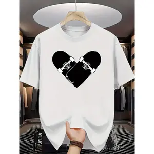 Men's Skateboard Heart Print T-Shirt - Skate Style Short Sleeve Round Neck Summer Casual Top with Skateboarder Graphic, Machine Washable for Skateboarding & Casual Attire - Male Apparel