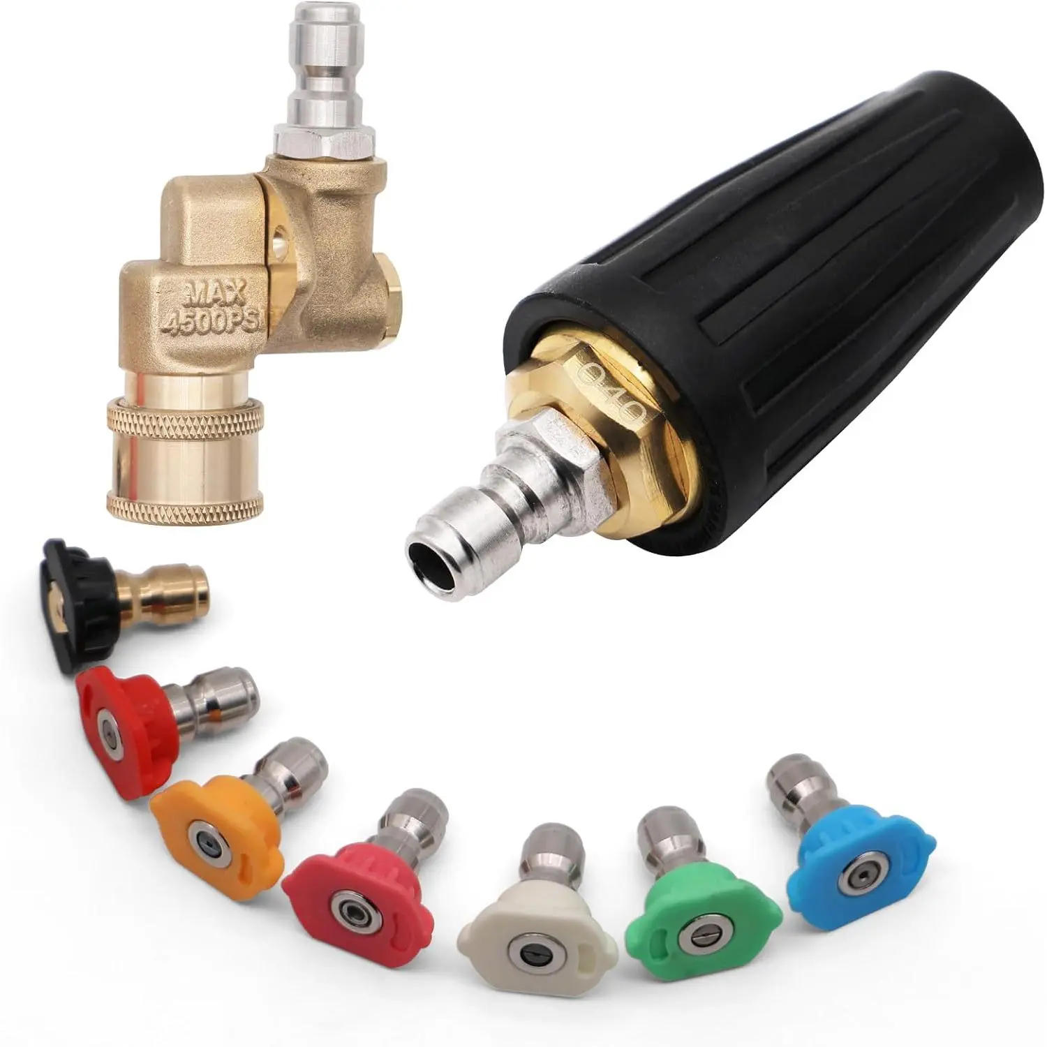 Washer Tips Turbo Nozzle 4000 PSI 360? Rotating  Turbo with 1/4" Quick Connector and 4500 PSI Pivoting Coupler,7  Nozzles Tips Kit Multiple Degrees