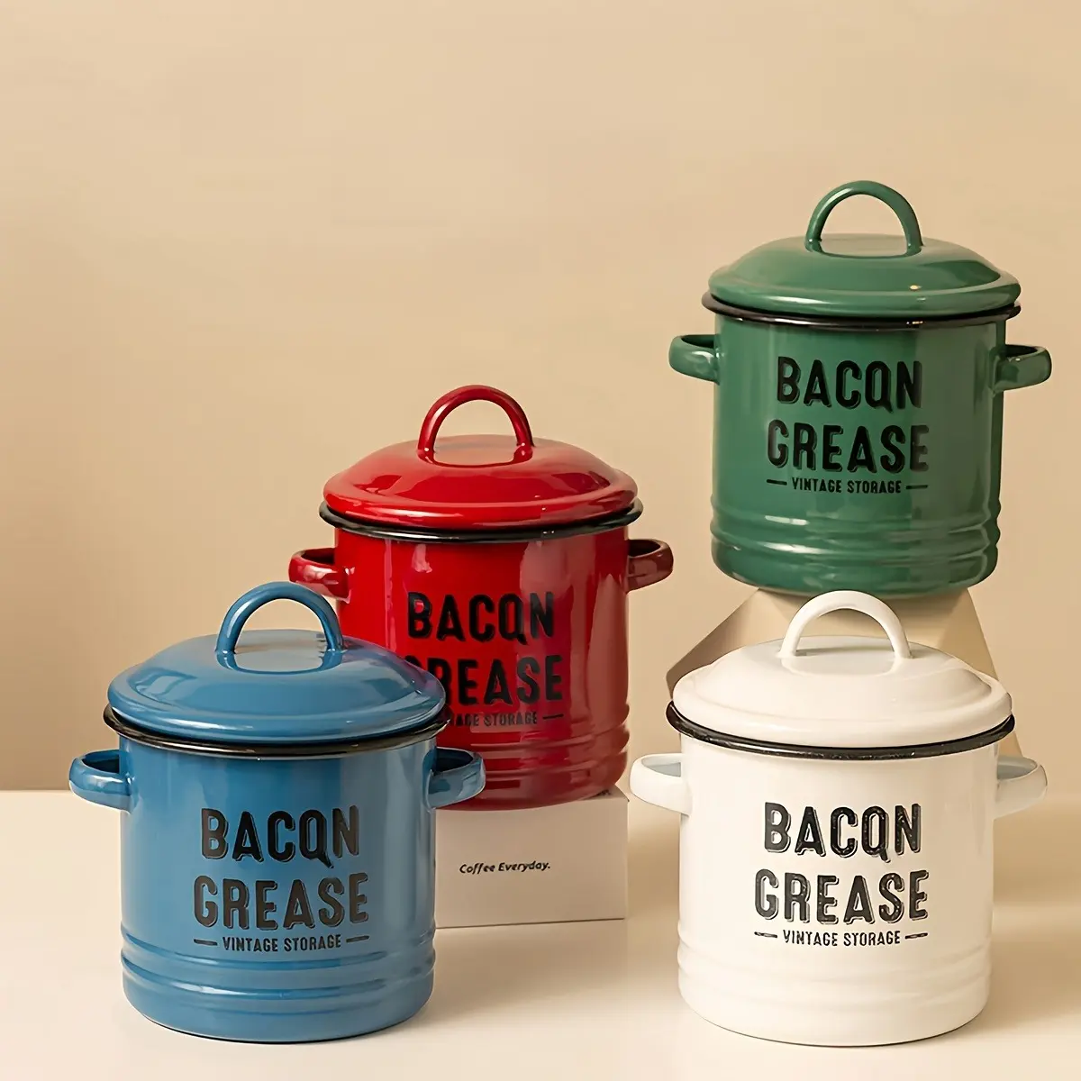 1pc Vintage Enamel  Grease Storage Container with Airtight Flip-Top Lid - Reusable Round Kitchen Oil and  Saver Cylinder, Hand Wash Only, Multipurpose Use bacon fat