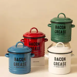 1pc Vintage Enamel  Grease Storage Container with Airtight Flip-Top Lid - Reusable Round Kitchen Oil and  Saver Cylinder, Hand Wash Only, Multipurpose Use bacon fat