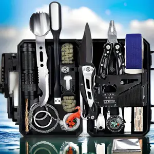 Emergency Survival Gear Kits 60 in 1, Outdoor Survival Tool with Emergency Bracelet Whistle Flashlight Pliers Pen Wire Saw for Camping, Hiking, Climbing, Car