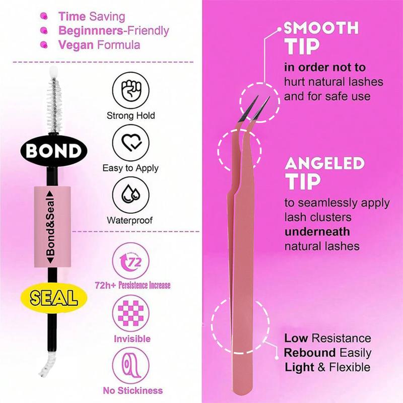 Complete DIY Eyelash Extension Kit – Individual Lashes Clusters with Bond, Seal & Tweezers, 10-16mm, D Curl, 30D/40D/50D Volume, Great for Beginners & Holiday Gift for Her