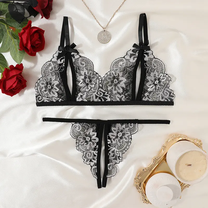 AESKEIA Women's 2-Piece Contrasting Lace Sexy Lingerie Sets, Adjustable shoulder straps bra and Thong sets, Lady Underwear Sets, Sheer V-neck crotchless Design, Suitable for romantic occasions