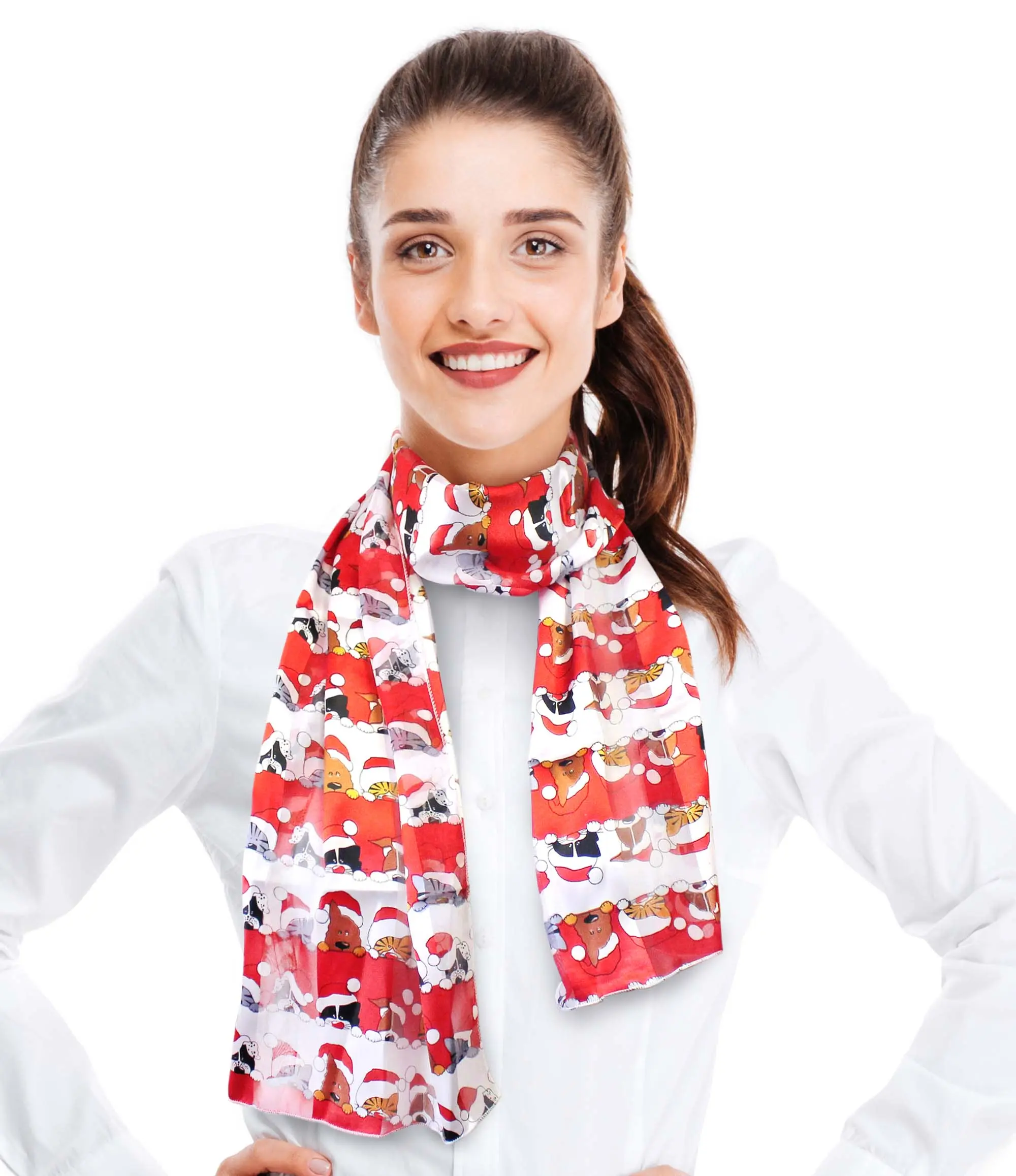 CBC Crown Women's Lightweight Holiday Scarf, Red Christmas Animals Print in Silk-Feeling Polyester, 13" x 60", Hand Wash, Casual, Basic
