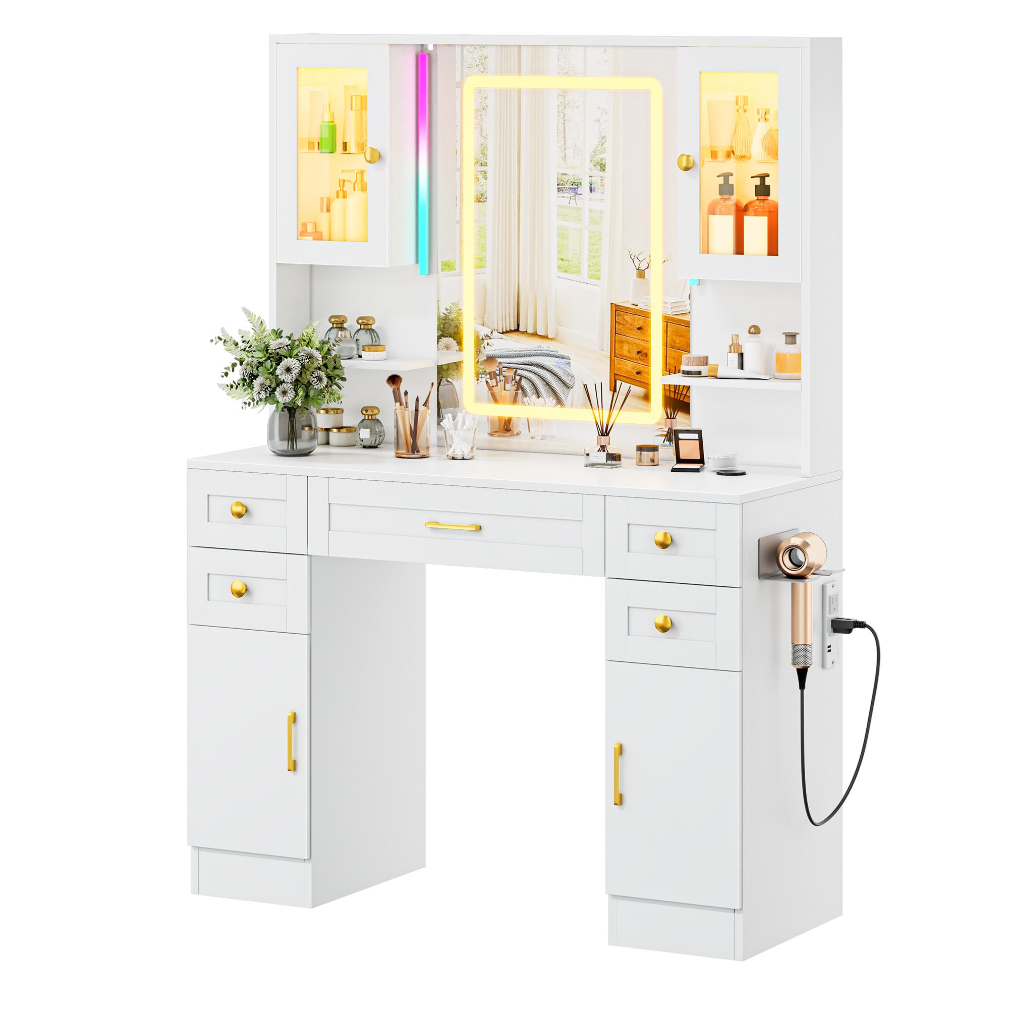 Makeup Vanity with mirror and light , Large Women Vanity Desk with Touch Screen Mirror Lights & Power Outlet, 4 Cabinet, 2 Shelves & 5 Drawers for Bedroom,[Gift Idea]