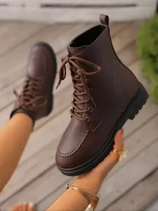 Classic Women's Lace-Up Casual Ankle Boots, Thick Sole, Back Zipper, Comfortable Fashion Shoes for Daily Wear, Stylish Ladies Footwear
