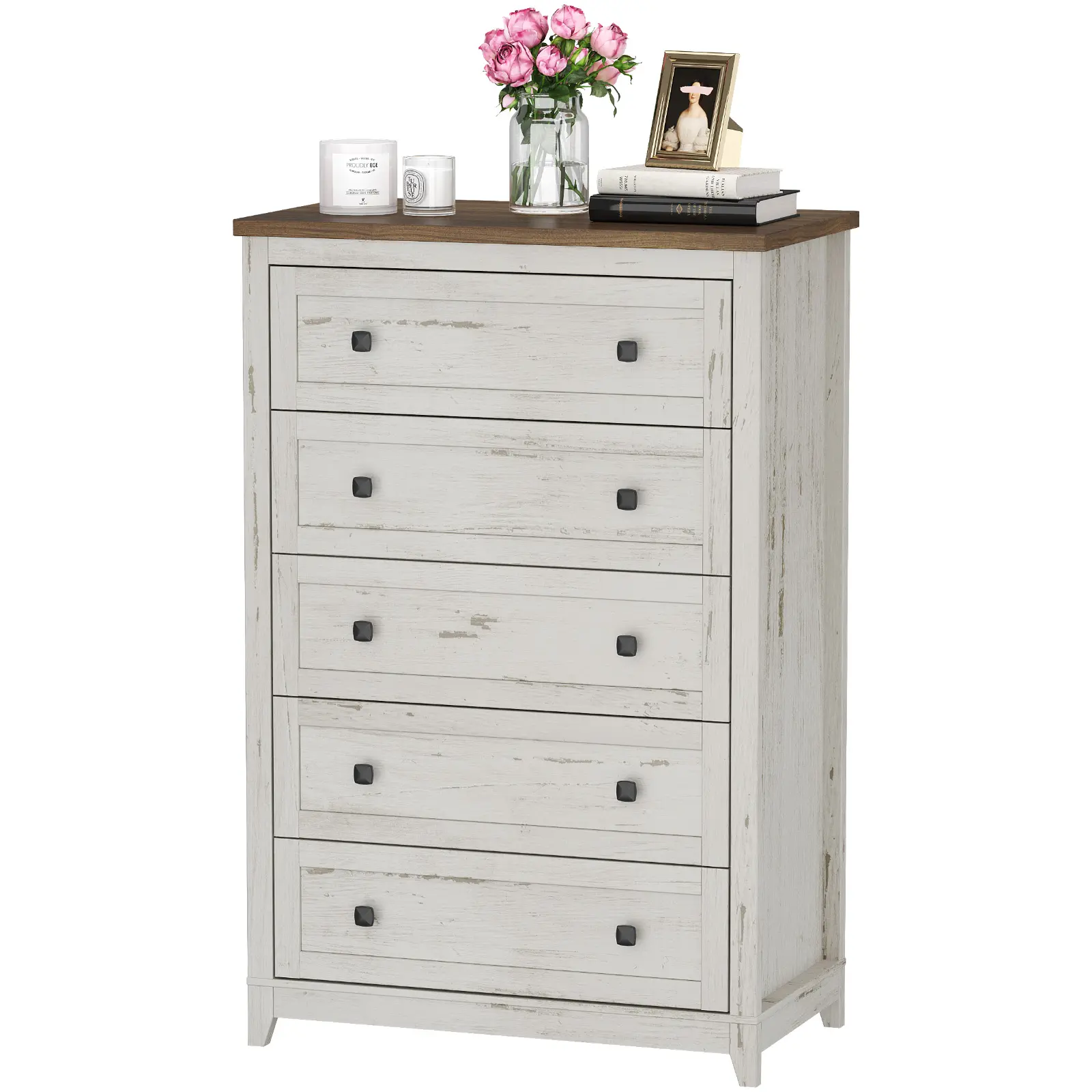 Lifewit Farmhouse 5-Drawer Dresser Storage Unit - Rustic White Bedroom Furniture with Drawers, 26.6" Wide, 47.2" Tall Storage Cabinet