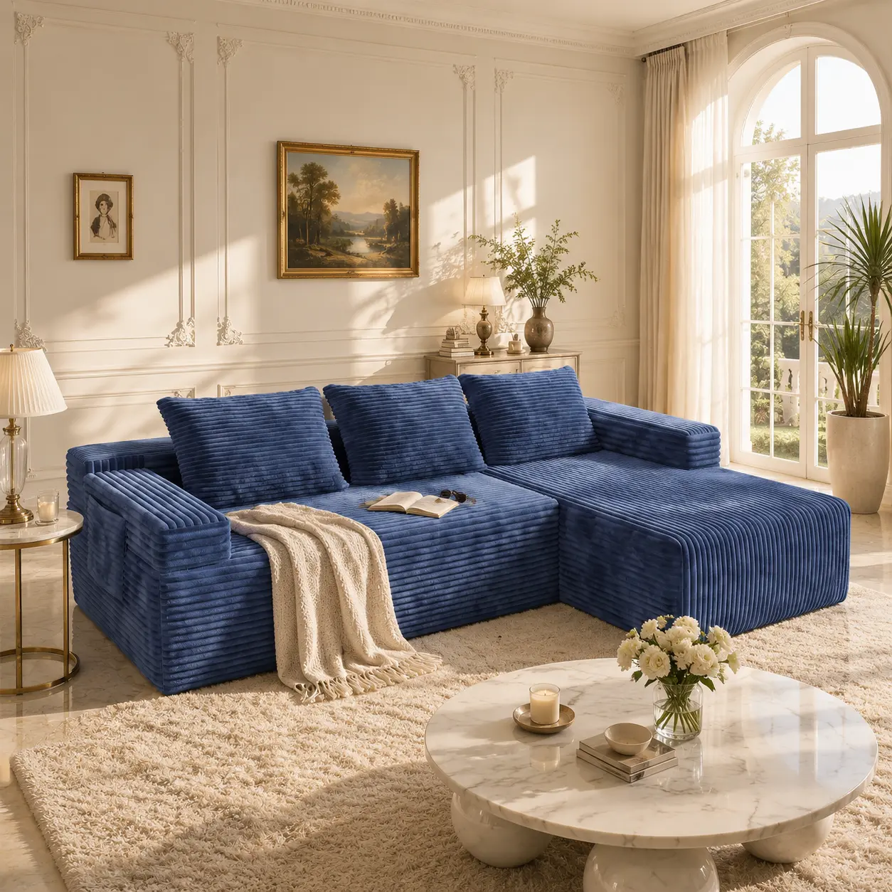 【summer vibes】BLLYYUV Modern Vertical Striped Corduroy Modular L-Shaped Cloud Sectional Sofa, Oversized Deep Seat Couch with Chaise Lounge, Pet Friendly Upholstered Sofa for Living Room Villa Apartment Home Decoration（ship 2-packages) campingessentials