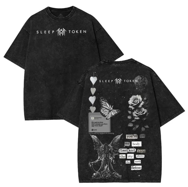 Sleep Token Oversized Washed Tee Heavy Metal Rock Band Graphic T-Shirt. Cotton, for Emo Alt Punk Goth Style Fans. Trendy vintage streetwear.