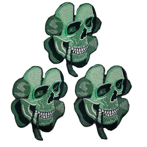 Irish Clover Skull Shamrock Morale Patch [3PC Set - Hook Fastener Backing - 4.0 X 3.0 inch -GR1]