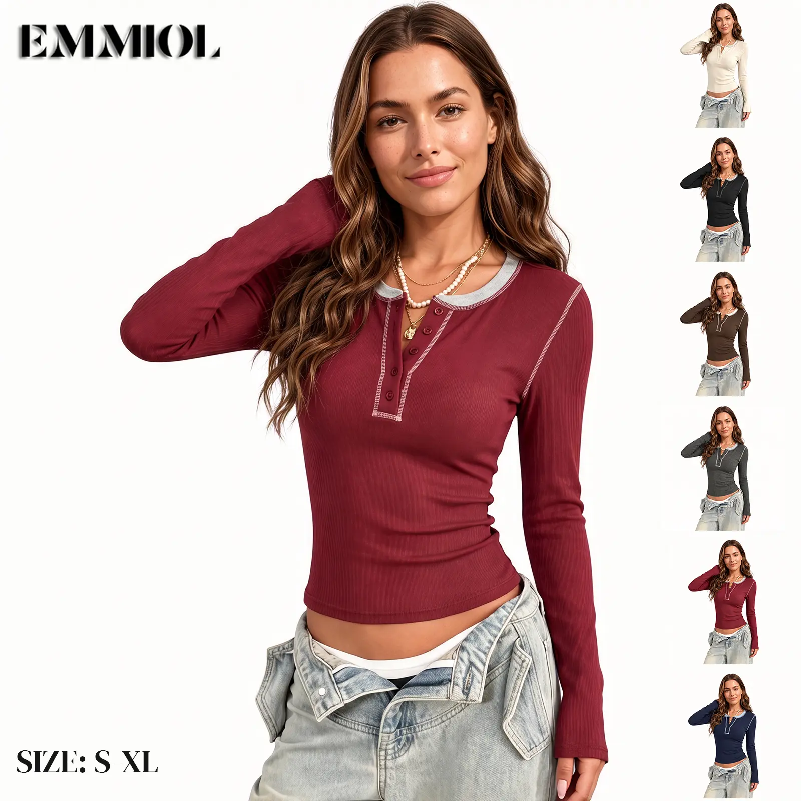 EMMIOL Womens Long Sleeve Henley Top Ribbed Knit Slim Fit Button Down Shirt | Crew Neck,Contrast Collar,Soft Stretch Fabric,Fall Fashion Outfits,Casual layering,Going Out,Everyday Wear,Date Night,SohoChic