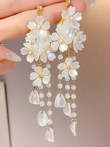Faux Pearl Decorated Flower Design Dangle Earrings, Elegant Long Tassel Drop Earrings for Women, Trendy All-match & Exquisite Jewelry for Birthday Gift, Fashion Earrings, Classic Style Earrings