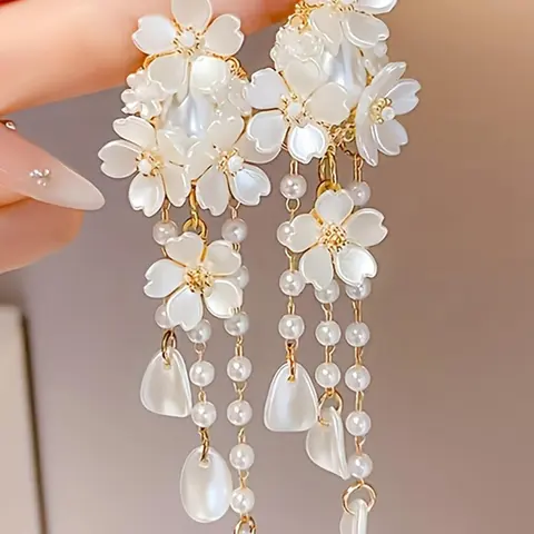 Faux Pearl Decorated Flower Design Dangle Earrings, Long Tassel Drop Earrings for Women, All-match Jewelry for Birthday Gift, Stylish Jewelry