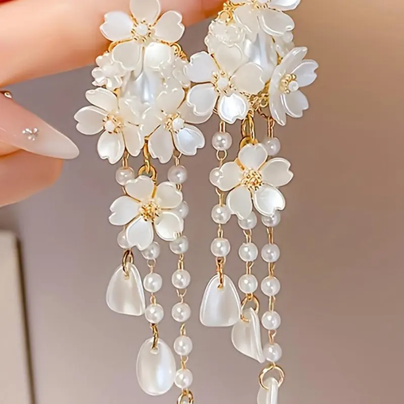 Faux Pearl Decorated Flower Design Dangle Earrings, Long Tassel Drop Earrings for Women, All-match Jewelry for Birthday Gift, Stylish Jewelry
