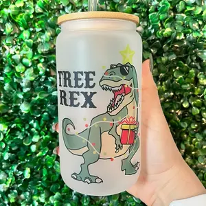 T-Rex Holiday Glass Cup, Christmas Tree Rex