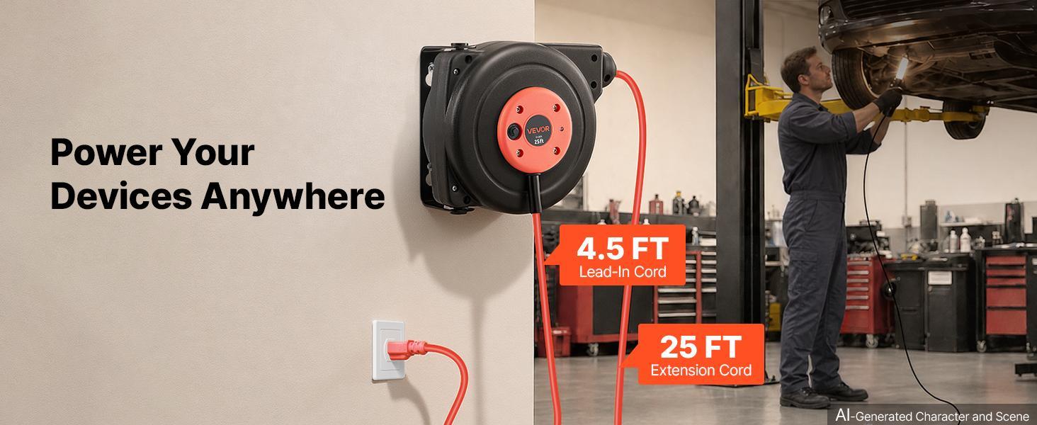 【BackToSchool】VEVOR Retractable Extension Cord Reel 25FT Heavy Duty 14AWG/3C SJTOW Red, for Ceiling/Wall Mount, 13A Circuit Breaker, Automatic Retractable Power Cord, Lighted Triple Tap, with 180° Swivel Bracket 【BackToSchool】VEVOR Retractable Extension Cord Reel 25FT Heavy Duty 14AWG/3C SJTOW Red, for Ceiling/Wall Mount, 13A Circuit Breaker, Automatic Retractable Power Cord, Lighted Triple Tap, with 180° Swivel Bracket