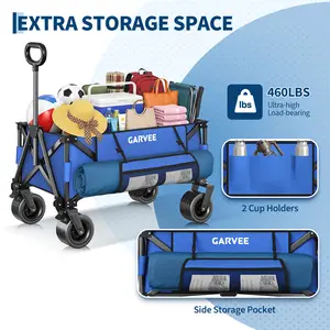 Foldable Wagon Cart with 460LBS Capacity, 280L Collapsible Utility Wagon with All-Terrain Wheels, Drink Holders, Storage Cover & Elastic Rope for Groceries, Camping & Sports