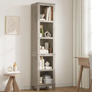 71" Bookcase w/Adjustable Shelves & 31.5 in Whidth, 5 Tier Tall Bookshelf with Wooden Legs, Rustic Vintage Bookcase for Living Room Office Library (Gray, 15.7" D x 11.8" W x 71.3" H)
