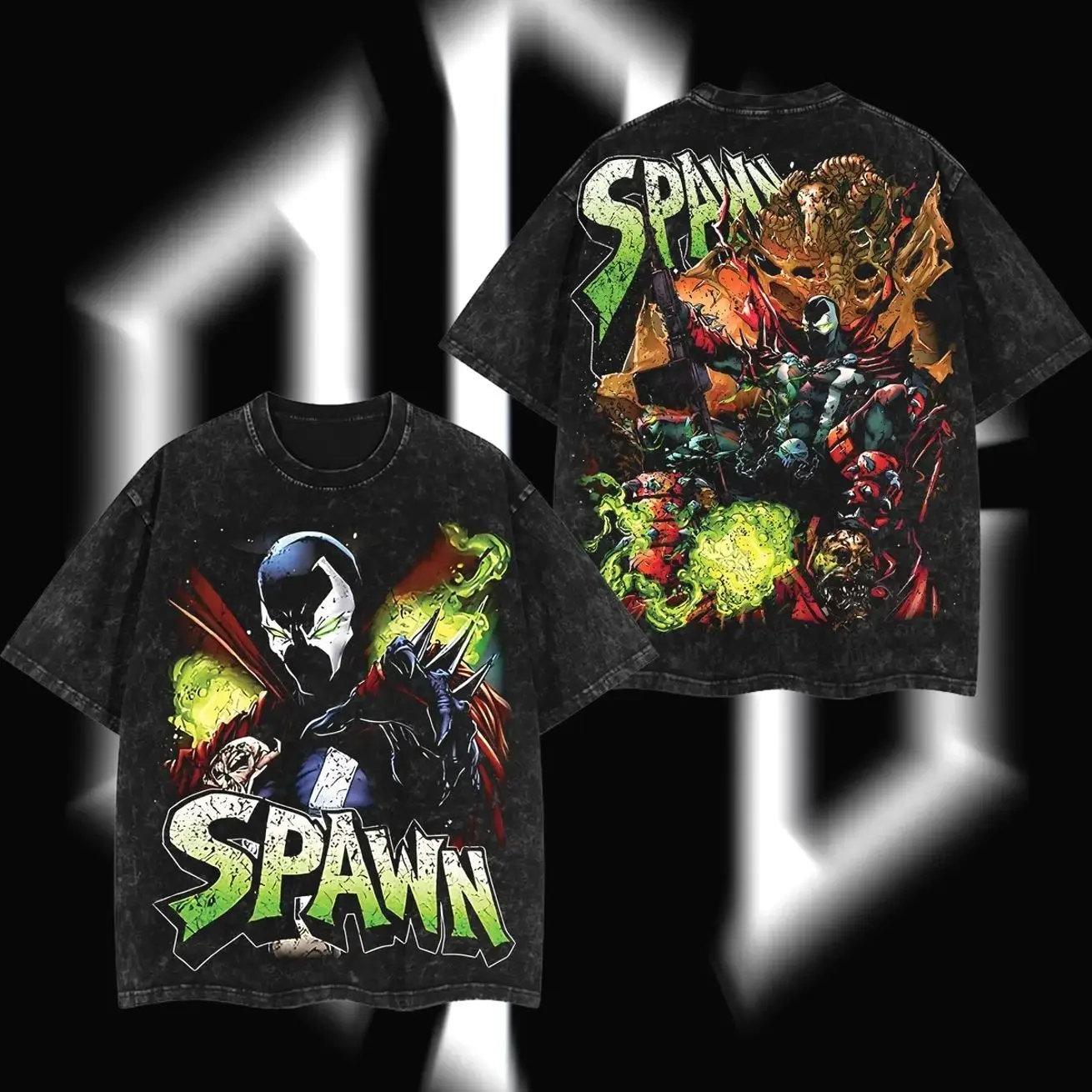 SuperStyle Spawn The Dark Hero Agent of Hell Image Comics Double-Printed Oversize Lightweight Acid-Washed Soft Fit Cotton T-Shirt, TV Series Graphic Apparel, Streetwear Comic Superhero Top (Menswear) ND6