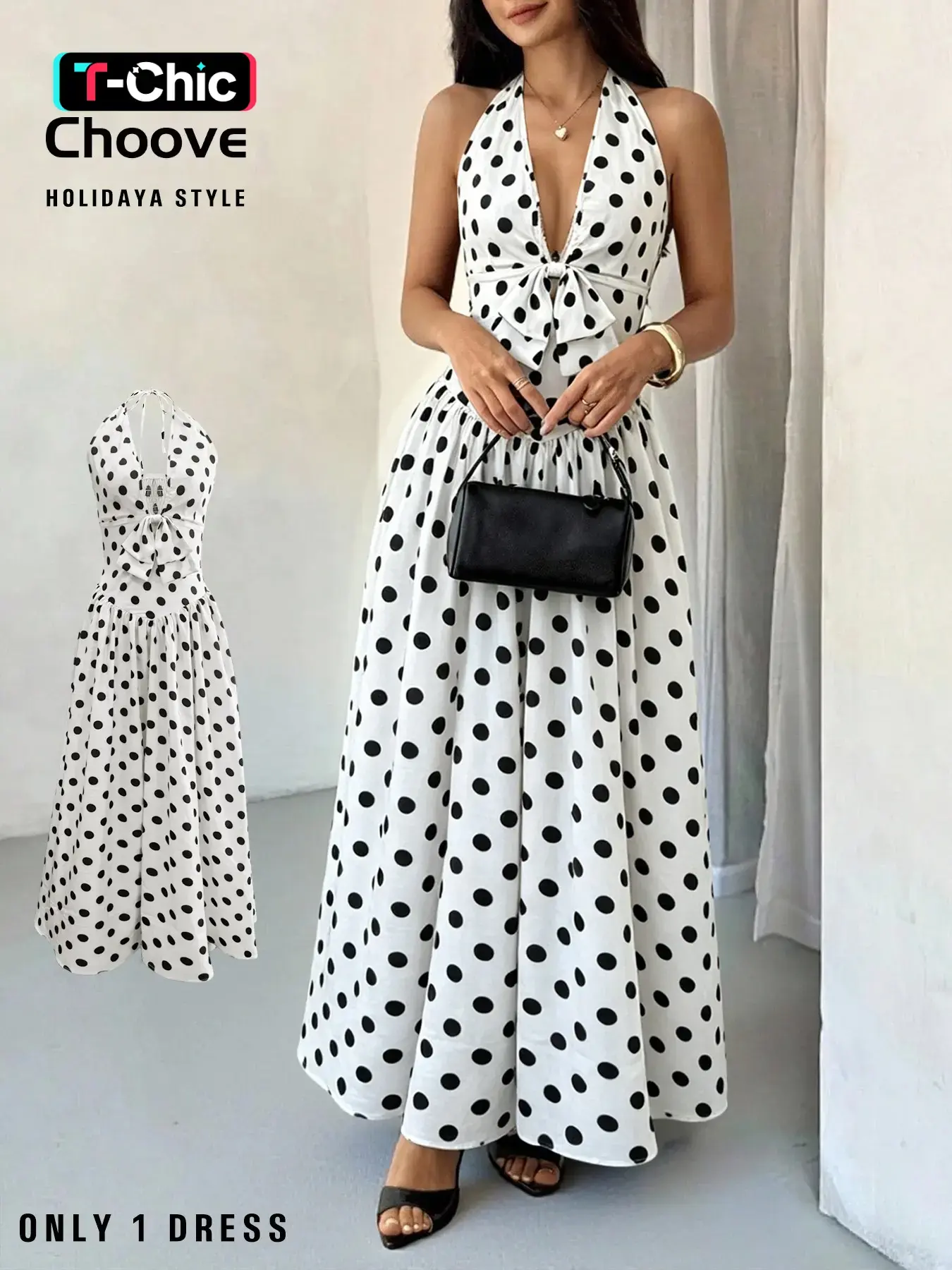 Women's Vacation Casual Wear Spotted Sleeveless Dress, Waist Cinching Design, Deep V Neck, Bow Decor, Elegant Summer Fashion, Casual Boho Sundress, Perfect for Travel