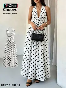 Women's Vacation Casual Wear Spotted Sleeveless Dress, Waist Cinching Design, Deep V Neck, Bow Decor, Elegant Summer Fashion, Perfect for Travel